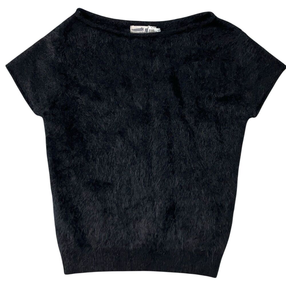 J Crew Cashmere Boatneck T-Shirt Sweater Womens XXS Black Brushed Fuzzy CR234